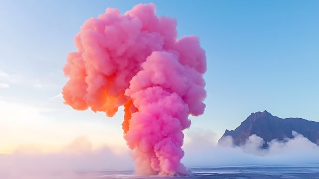 Vibrant pink smoke erupts against a mountain backdrop during a scenic sunrise moment photo