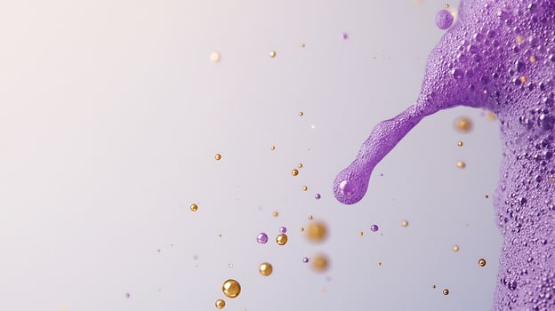 Vibrant purple liquid splashing with golden droplets against a soft gradient background photo
