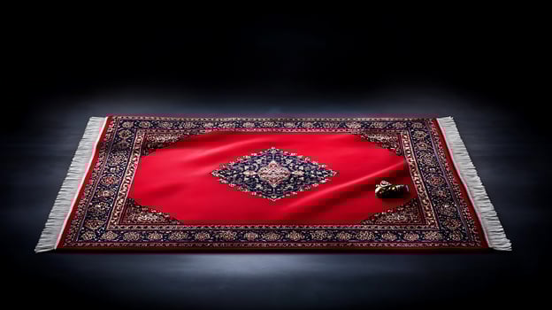 Vibrant red carpet with intricate patterns displayed on a dark background, showcasing elegance photo
