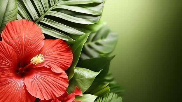 Vibrant red hibiscus flower surrounded by lush green leaves on a soft gradient background photo