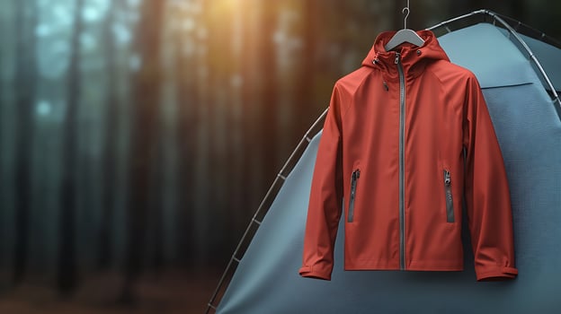 Vibrant red jacket hanging on a tent in a serene forest setting during sunset photo
