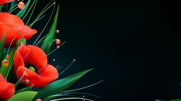 Vibrant red poppies with green leaves against a dark background, showcasing nature's beauty photo