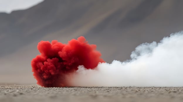 Vibrant red smoke billowing against a barren landscape with mountains in the background photo