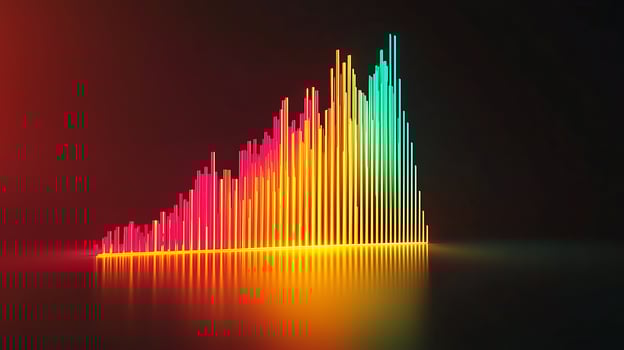 Vibrant sound wave visualization with colorful peaks reflecting on a dark background photo