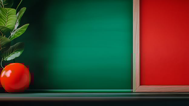 Vibrant still life composition featuring a red sphere, leafy plant, and contrasting backgrounds photo