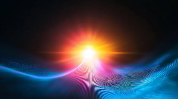 Vibrant sunrise over a digital landscape with colorful waves and light effects photo
