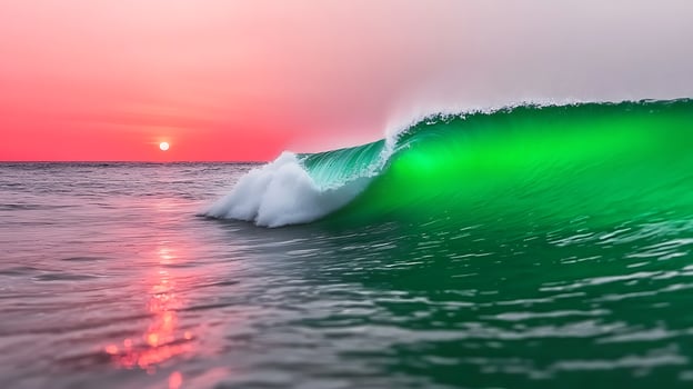 Vibrant sunset over ocean waves with green highlights reflecting on water surface photo