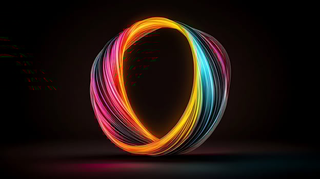 Vibrant swirling light sculpture in a dark setting, showcasing dynamic motion and color contrast photo