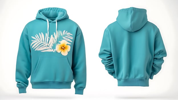 Vibrant teal hoodie featuring floral design, displayed from front and back against a neutral background photo