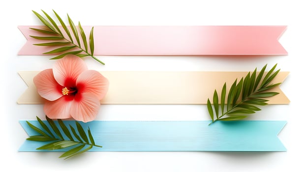 Vibrant tropical floral arrangement with colorful ribbons and greenery on a clean background photo