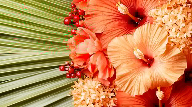 Vibrant tropical floral arrangement featuring hibiscus and assorted flowers on green backdrop photo
