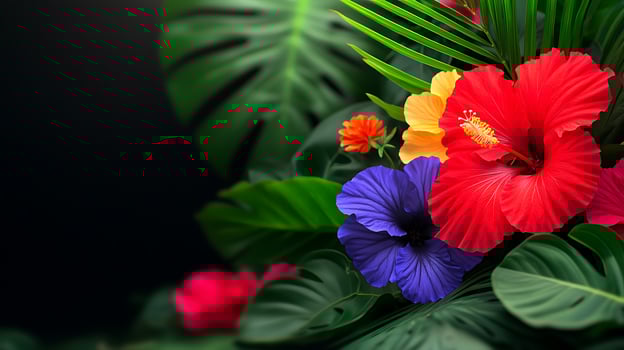 Vibrant tropical flowers in a lush green setting with blurred background, perfect for nature themes photo