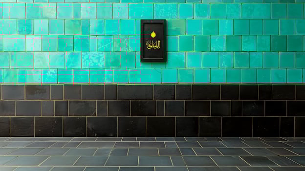 Vibrant turquoise and black tiled wall featuring an ornate framed design, minimalistic ambiance photo