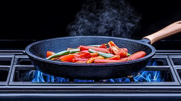 Vibrant vegetables sauting in a cast iron skillet over a blue flame on a modern stovetop photo