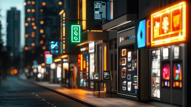 Vibrant urban street scene at night showcasing illuminated storefronts and pedestrians photo