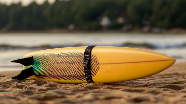 Vibrant yellow surfboard resting on sandy beach with gentle waves and lush greenery in the background photo