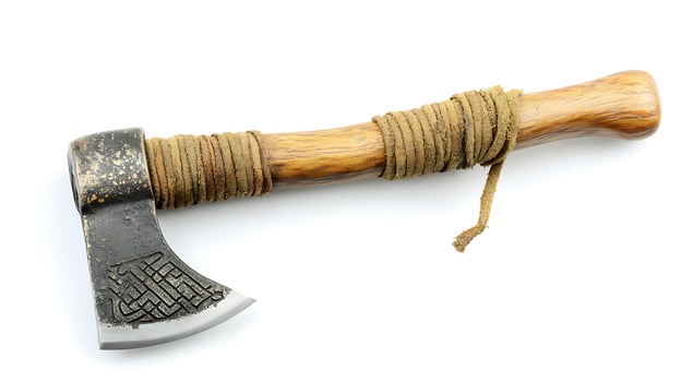 Vintage handcrafted axe with a wooden handle and intricate designs, isolated on a white background photo