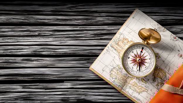 Vintage compass resting on an old map, symbolizing exploration and adventure in nature photo