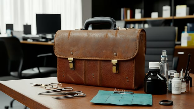 Vintage leather briefcase on a desk surrounded by medical tools and bottles in an office setting photo