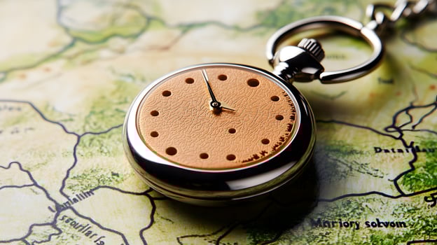 Vintage pocket watch resting on a detailed map, showcasing timekeeping amidst exploration photo