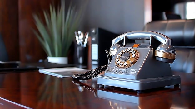 Vintage rotary phone on a polished wooden desk in an office with modern decor and greenery photo