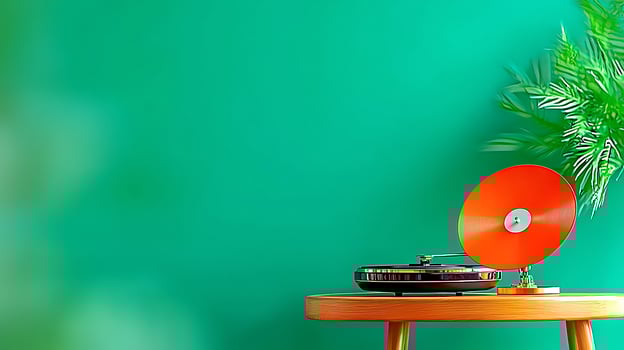 Vintage record player with bright orange vinyl against a vibrant green wall and lush plant photo