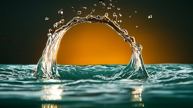 Water splash creating a circular arc against a glowing sunset background over a calm sea photo