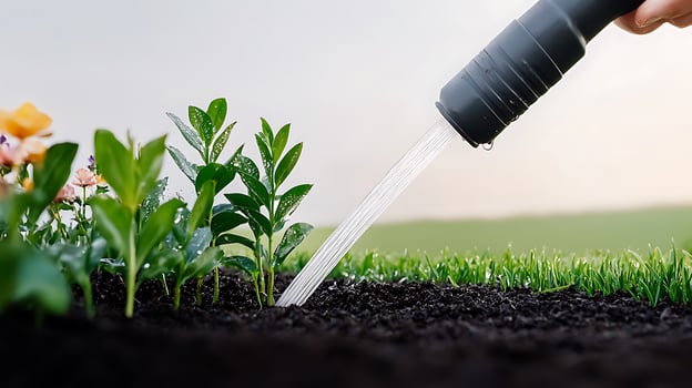 Watering young plants in a lush garden setting with colorful flowers in the background photo