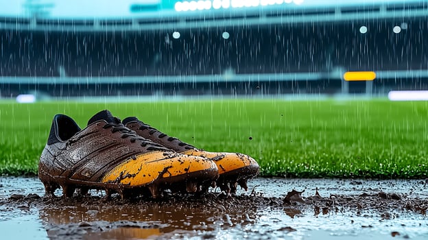 Wet soccer cleats resting in muddy ground during heavy rain on a football field photo