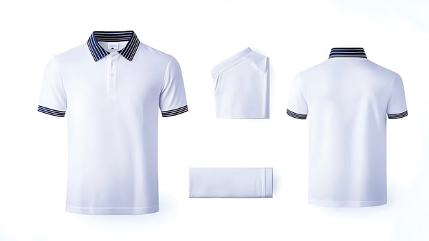 White polo shirt with striped collar displayed from multiple angles on a clean background photo