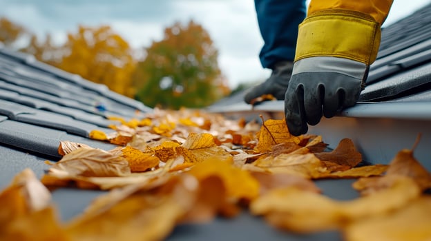 Autumn Leaf Removal from Roof Gutter photo