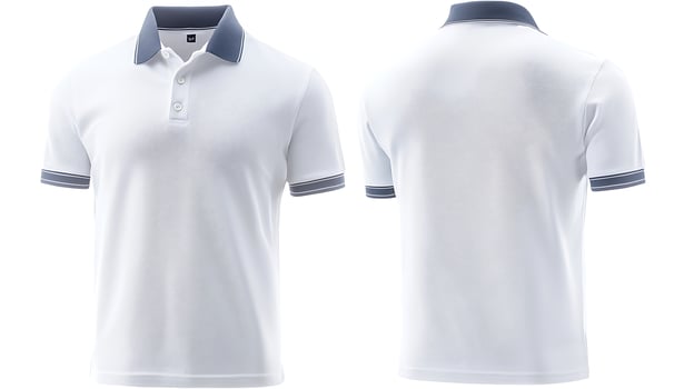 White polo shirt with contrasting collar displayed from front and back on a neutral background photo