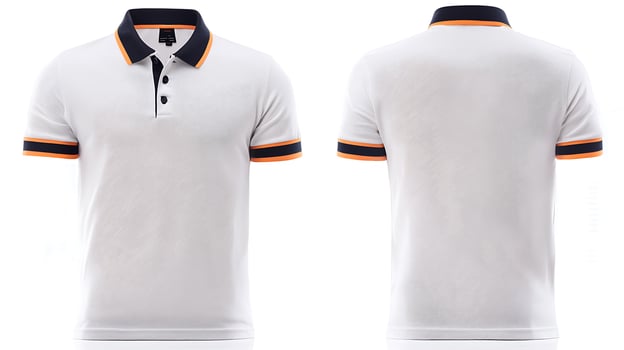 White polo shirt with contrasting collar and sleeve details displayed from front and back views photo