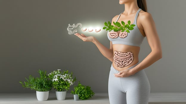Woman demonstrating healthy digestion with plants and intestines in a modern kitchen setting photo