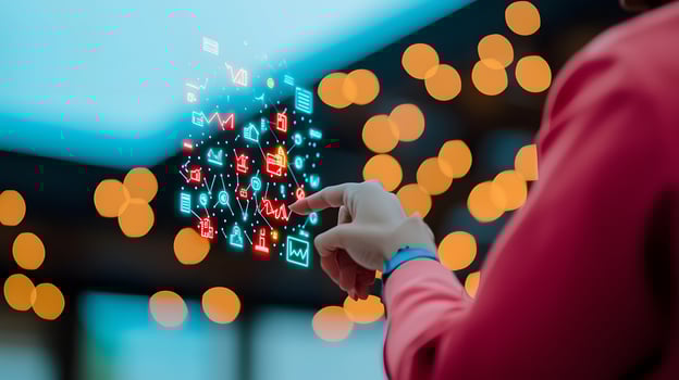Woman interacting with digital graphs and icons against a blurred background of lights photo