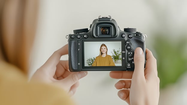 Woman smiling while taking a selfie with a camera in a bright, plant-filled room photo