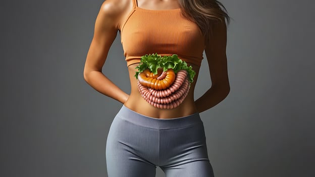 Woman with a creative food arrangement in her stomach, showcasing healthy eating and lifestyle photo