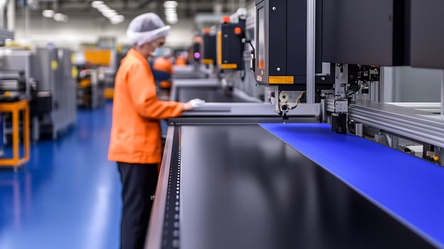Worker in an industrial setting operating machinery on a production line with blue material photo