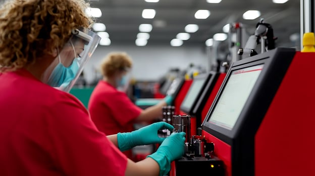 Workers in a factory assembling components, focused on machinery with tools in hand, bright lighting photo