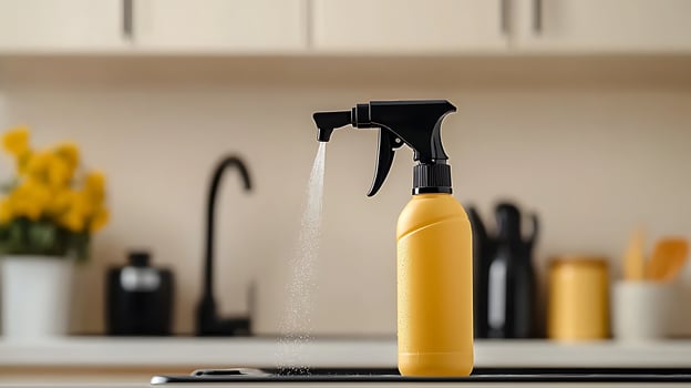 Yellow spray bottle with mist in a modern kitchen, surrounded by flowers and utensils photo
