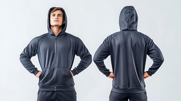 Young man in a dark hoodie poses confidently, showcasing athletic wear against a neutral backdrop photo