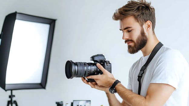 Young man with a camera focused on photography in a bright studio with soft lighting photo