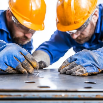 Focused Construction Workers Inspecting Metal Sheet photo