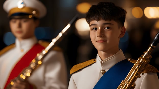 Young musician in formal attire holds a flute, performing at a nighttime event with blurred background photo