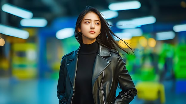 Young woman in a stylish black leather jacket stands confidently in a vibrant urban setting photo