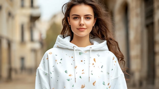 Young woman wearing a stylish hoodie stands confidently in an urban street setting photo