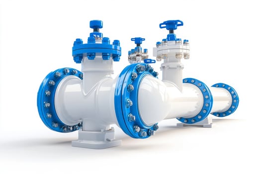 Industrial White and Blue Pipeline System with Valves photo