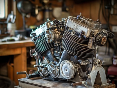 A detailed motorcycle engine resting on a workbench, showcasing intricate metallic components and craftsmanship in a workshop setting. photo