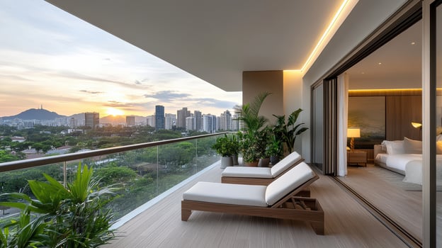 Spacious balcony with sun loungers and city skyline at sunset photo