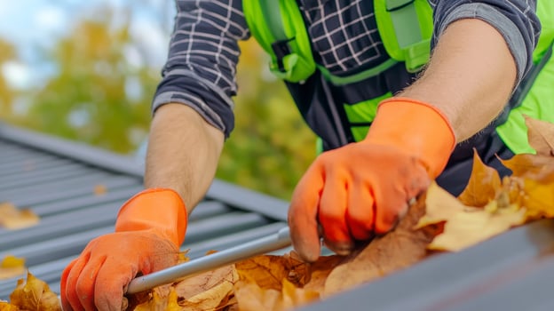 Worker Cleaning Autumn Leaves From Roof Gutter photo